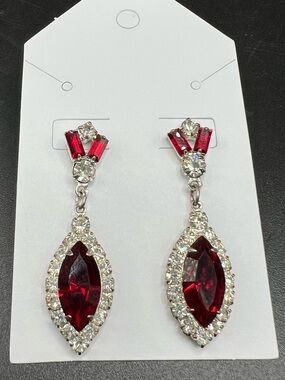 Vtg Red Rhinestone Dangle Earrings Silver Tone Marquise Glass Stones Art Deco